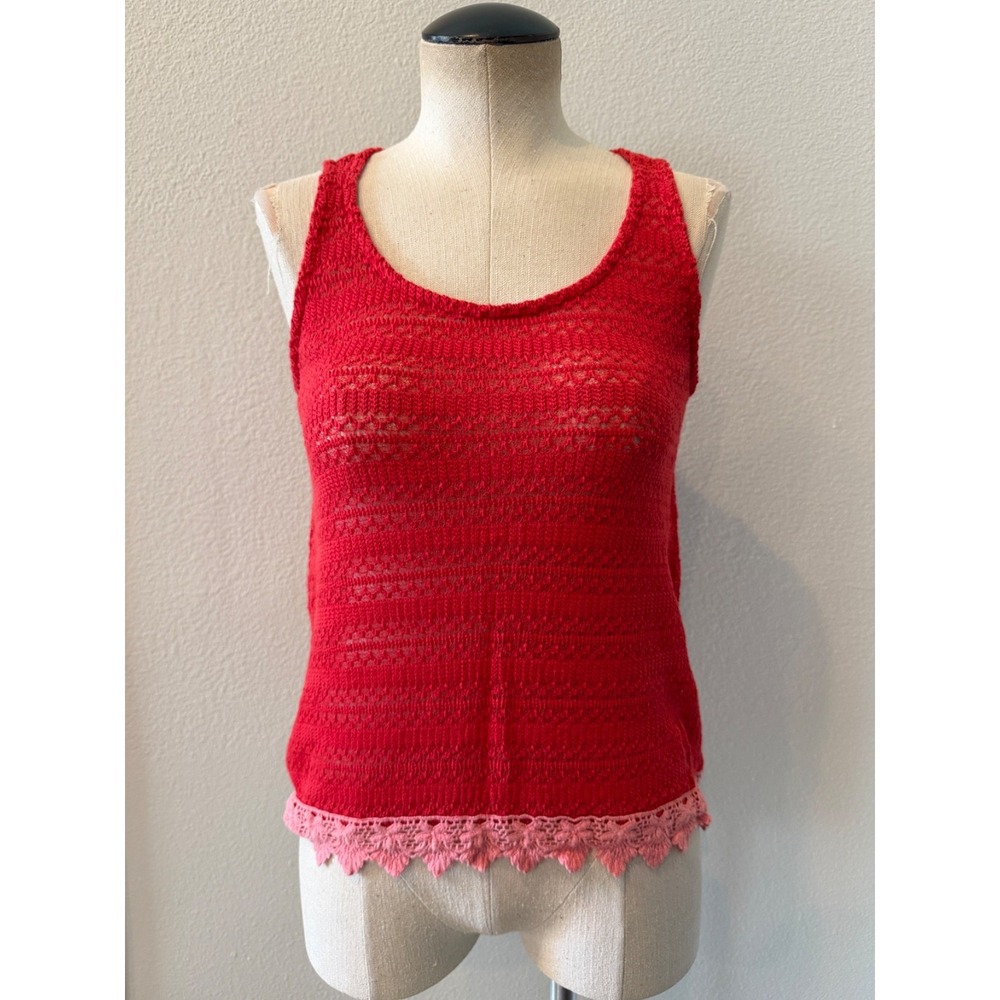 Scobe Women's M Red Crochet Knit Tank Top Pink Lace Trim Boho Sleeveless